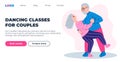 Web page design template for dancing courses. Retired senior couple dancing together. Grandpa does dance support, grandma arches