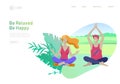 Web page design template with Man and woman meditate, sitting in yoga posture at home and at outdoor. Practice yoga