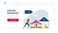 Web page design template for mortgage refinance. Woman drags a home to the bank for house pawning with getting cash out