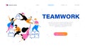 Web page design template with teamwork concept - simple abstract people putting puzzle pieces together.