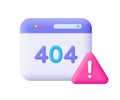 Web page with error 404 and attention exclamation sign. 404 error page not found and webpage alert caution. Development, Royalty Free Stock Photo