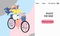 A web page with happy girl riding a vintage bike with basket