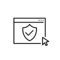 Web page, shield and checkmark and click. Safe internet access, verified and secure action. Pixel perfect