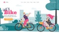 Web page template with couple cycling in city cartoon flat vector illustration.