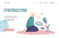 Web page with upset girl suffering from cyberbullying and abuse in internet.