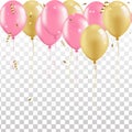 Party background with balloons of pink and gold color with streamers ribbons and confetti, isolated vector illustration.