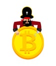 Web Pirate and bitcoin. Hacker. Thief and crypto currency. Steal