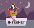 Web pirate in internet boat. ?opyright infringement concept. Flat design cartoon style. Vector illustration