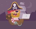 Web pirate with laptop. ?opyright infringement concept. Flat design cartoon style. Vector illustration