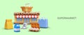 Web poster with model of supermarket, milk product, shopping bags and pack with eggs