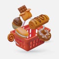 Web poster with realistic 3d shopping basket with sweets Royalty Free Stock Photo