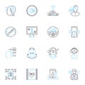 Web programming linear icons set. HTML, CSS, JavaScript, jQuery, Bootstrap, Angular, React line vector and concept signs