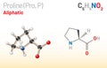 Proline (Pro, P) proteinogenic amino acid molecule. (Chemical formula C5H9NO2)