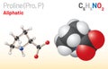 Proline (Pro, P) proteinogenic amino acid molecule. (Chemical formula C5H9NO2)