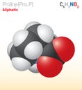 Proline (Pro, P) proteinogenic amino acid molecule. (Chemical formula C5H9NO2)