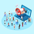 Web promotion marketing. Advertising social media megaphone broadcasting ads from laptop screen vector isometric concept