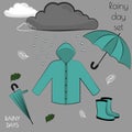 Rainy day vector flat illustration set with raincoat, rainboots and umbrellas in different positions in matching blue colours