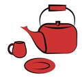 Red set of teathings including teapot,cup and plate vector illustration Royalty Free Stock Photo