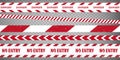 Red and white police stripe border, construction, danger, closed, no entry tapes set. Set of danger caution grunge tapes. Royalty Free Stock Photo