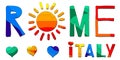 Rome, Italy, hearts. Multicolored bright colorful funny cartoon isolated illustration.