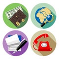 Web round icons with red phone, globe and lens, notepad and pen, wallet and money Royalty Free Stock Photo