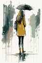 Sad woman with an umbrella walking under the rain. Vector art of cartoon poster. Watercolor painting of depressed woman. Hand draw Royalty Free Stock Photo