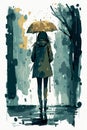 Sad woman with an umbrella walking under the rain. Vector art of cartoon poster. Watercolor painting of depressed woman. Hand draw Royalty Free Stock Photo