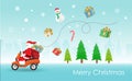 Santa Claus riding scooter with giftbag delivery gifts to people in Christmas with falling snow