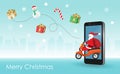 Santa Claus riding scooter with giftbag from smartphone screen delivery gift to people in Christmas