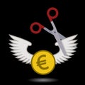 scissors cutting euro coin wings Royalty Free Stock Photo
