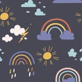 Seamless cute pattern with rainbows and celestial elements