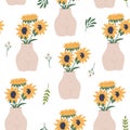 Seamless pattern with bouquets of sunflowers in ceramic vases. Blooming yellow plants in elegant pottery Royalty Free Stock Photo