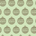 Seamless pattern for Christmas on green background. Doodle christmas balls icon thin line in cartoon scandinavian style. Royalty Free Stock Photo