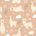 Seamless pattern with a set of lammas and clouds.