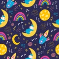 Seamless pattern with a small hippopotamus. Vector illustration with a hippo sleeping on the moon. Royalty Free Stock Photo