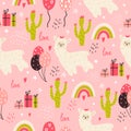 Seamless pattern with a small llama, cacti, gifts.