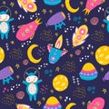 A seamless pattern with a space-suited behemoth, spaceships, the moon, planets, stars, and binoculars. Royalty Free Stock Photo