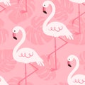 Seamless pattern with tropical palm leaves and flamingo.