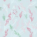 Seamless vector pattern of branches and leaves contours hand-drawn.