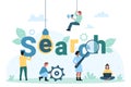Web search analytics, tiny people look through magnifying glass at search lettering