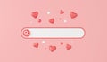 Web search bar with hearts 3d render - illustration of white website form for research of information