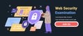 Web security examination concept with woman holding tablet surrounded by floating security shields and code snippets