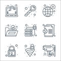 Web security line icons. linear set. quality vector line set such as cctv camera, wifi, lock, document, database, files, key Royalty Free Stock Photo