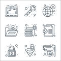 Web security line icons. linear set. quality vector line set such as cctv camera, wifi, lock, document, database, files, key