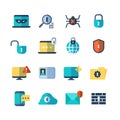 Web security, virus protection, bug checkups vector flat icons