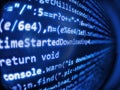 Web server data on a monitor. Website programming code. Web developer programmer monitor screen display. Javascript functions, Royalty Free Stock Photo