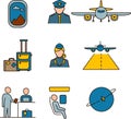 Set of colored vector icons aviation. Pilot, airplane, luggage, cabin crew, passengers .Flat Illustration. Safe flight. Royalty Free Stock Photo