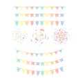 Set of colorful pastel flags  garland  and confetti pattern on white background. Royalty Free Stock Photo