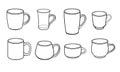 A set of cups for tea and coffee of different sizes and shapes. Linear vector drawing. Royalty Free Stock Photo