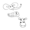 Elephant, crocodile, hippo. A hand-drawn doodle outline set of animals is manually drawn. Vector isolated illustration. Royalty Free Stock Photo